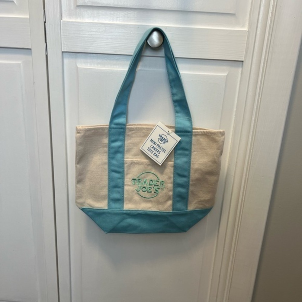 NWT Trader Joe’s Mini Pastel Canvas Tote Bag Color Blue And Cream